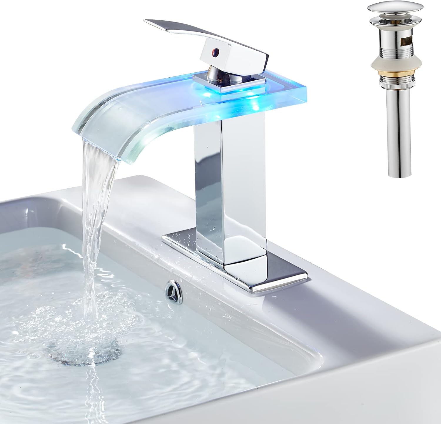 LOOPAN Led Waterfall Bathroom Faucet 1 Hole 3 Colors Changing Waterfall