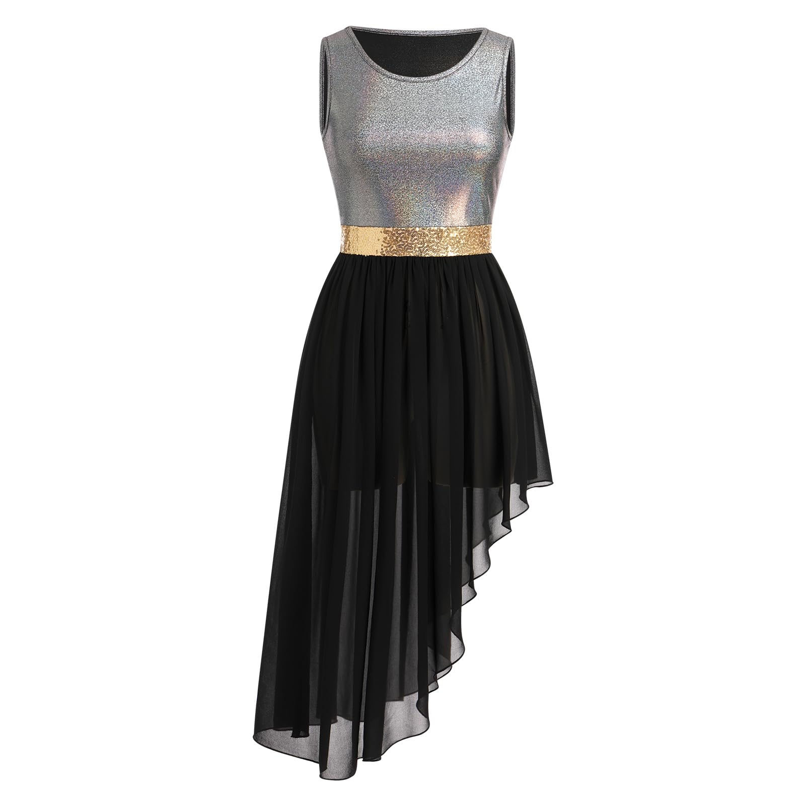 AFAVOM Women Metallic Sequin Praise Dance Dress Asymmetric Ruffle Chiffon Overlay Dress Sleeveless Irregular Hem Liturgical Lyrical Dance Dress Worship Dancewear Costume Black S