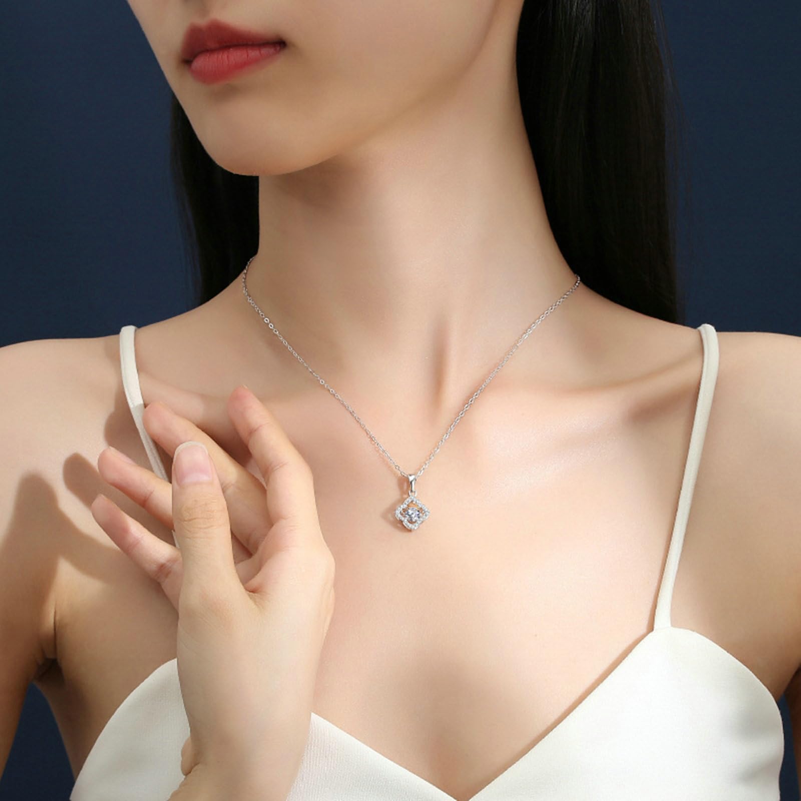 Collana in Oro Bianco 9/14/18Kt, Cavo Rombi con Bianco Moissanite Ciondolo Donna Oro 375/585/750, 40+5cm
