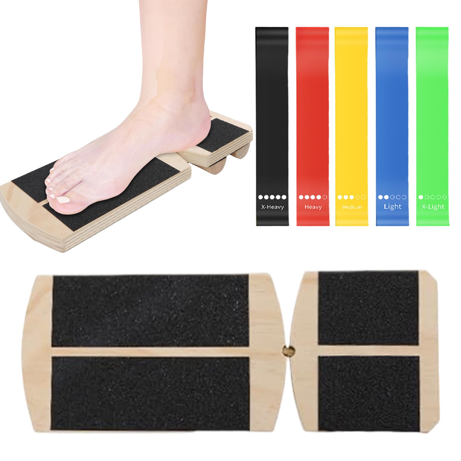 FrostyFlair Wooden Balance Board: Foot Trainer and Posture Aid for Sprains and Plantar Fasciitis, includes 5 Adjustable Bands