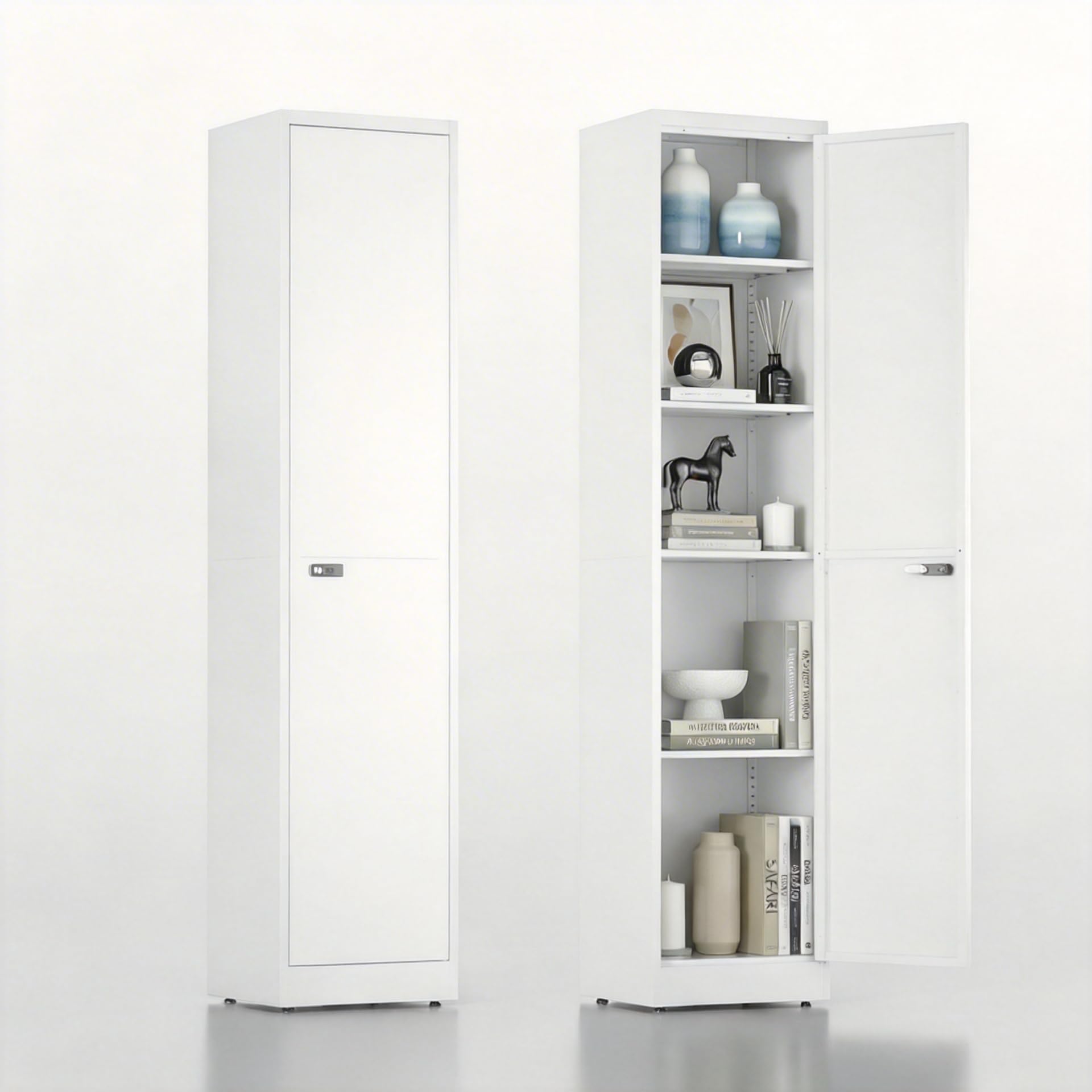 Schließfach, Schmaler Schrank 40 cm breit, Metallschrank Abschließbar, Aktenschrank mit 1 Tür & 4 Einlegeböden, Kleiderschrank für Ecke, Badezimmer, Küche, 180x40x35cm Weiß