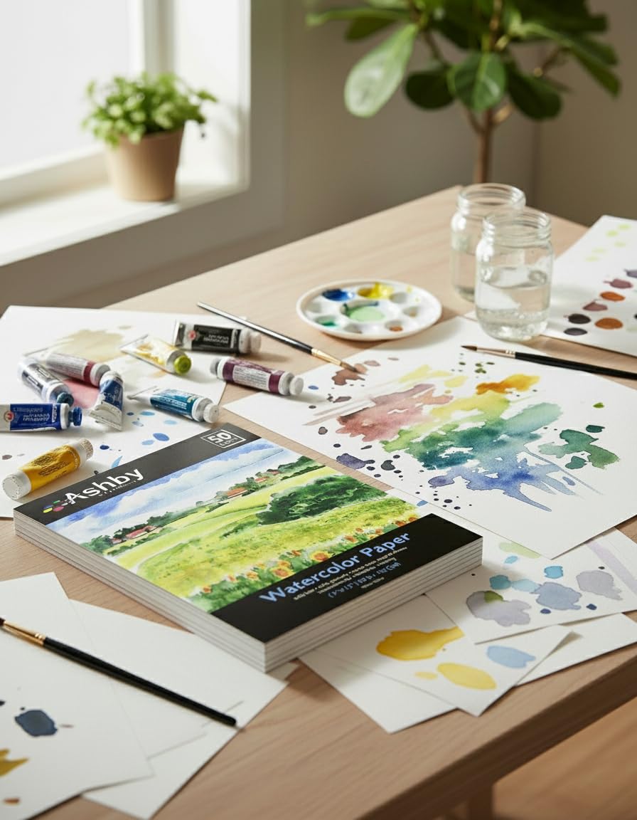 Ashby 100 arkuszy papieru akwarelowego (23 cm x 30 cm) – ciężki materiał (190 g/m²), 100% bawełna, bezkwasowy i tłoczony na zimno, idealny do malowania lub rysowania, na mokro, suche i mieszane