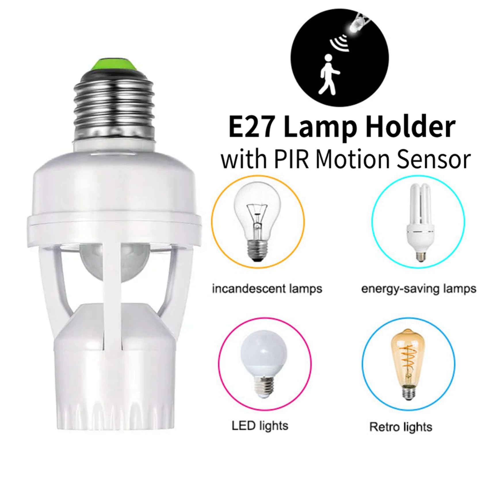 4X Adattatore Portalampada E27 con Sensore di Movimento PIR AC100-240V Convertitore Presa Lampadina LED Rilevatore Presenza Umana
