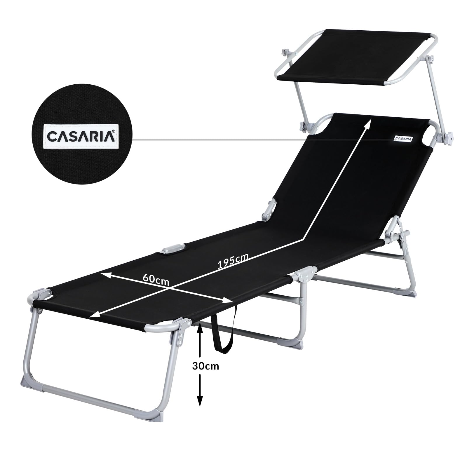 Casaria Sonnenliege klappbar mit Sonnendach wetterfest Grau | Aluminium, 190x60 cm, 130 kg Belastbar, tragbar, Garten, Pool, belastbar, Liegestuhl, Klappliege