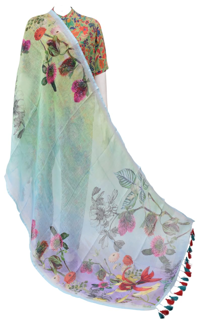 Floral Linen Printed Dupatta for Women With Tassels
