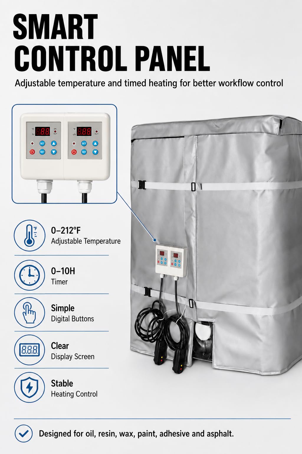 Coperta Riscaldante Fusti Olio, Riscaldatore Industriale Regolabile 100°C, Riscaldamento Rapido E Uniforme, Giacca Impermeabile Isolante per Olio, Resina, Asfalto E Altri Fluidi Black