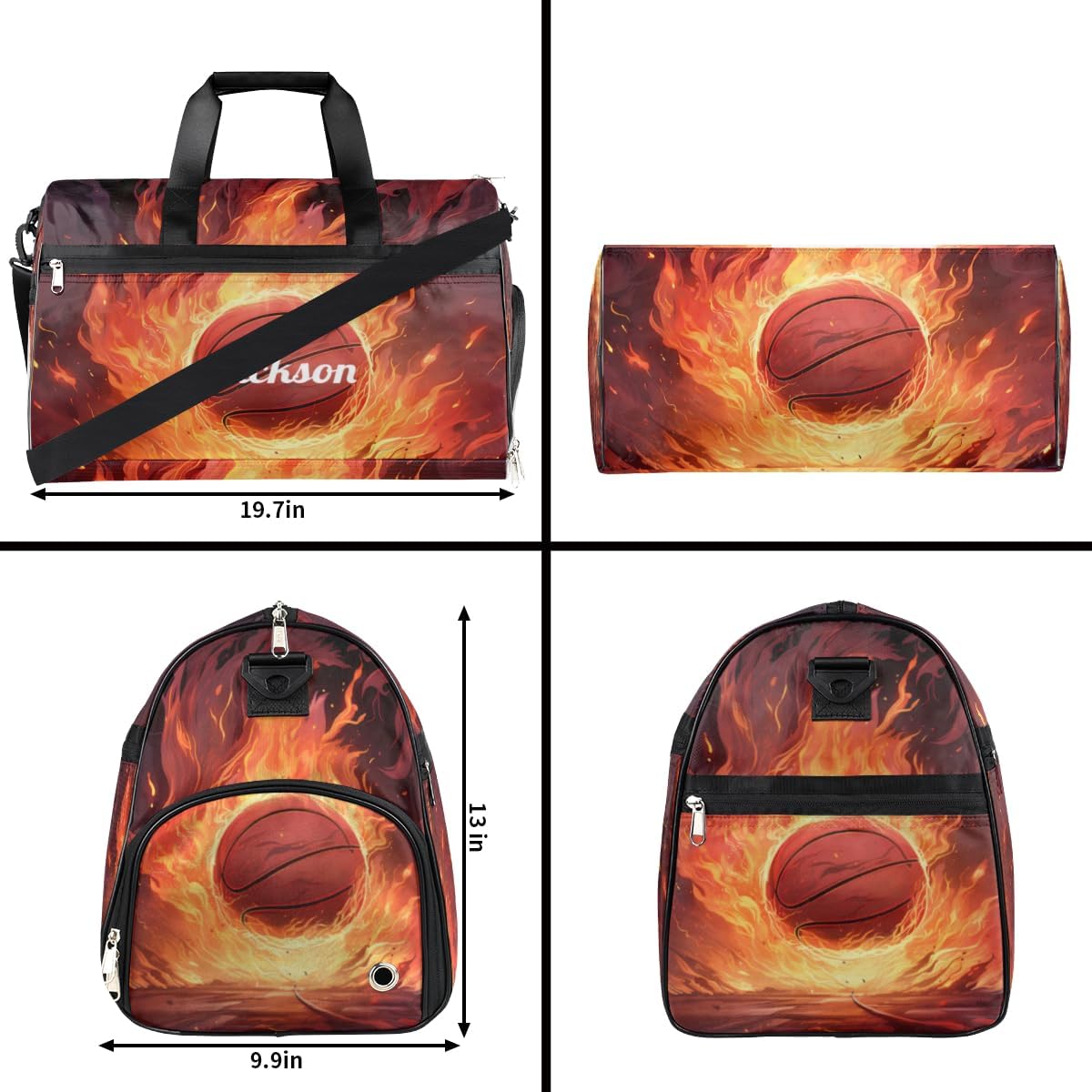 Personalized Gym Bag for Boys Men, Personalized Custom Sports Duffle Bag with Shoes Compartment, Customized Dance Bag Weekender Overnight Bag Travel Duffel Bag, Fire Sports Basketball
