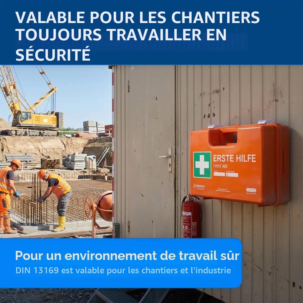Trousse de premiers secours pour les entreprises DIN 13169 en orange, trousse de premiers secours remplie et avec support mural