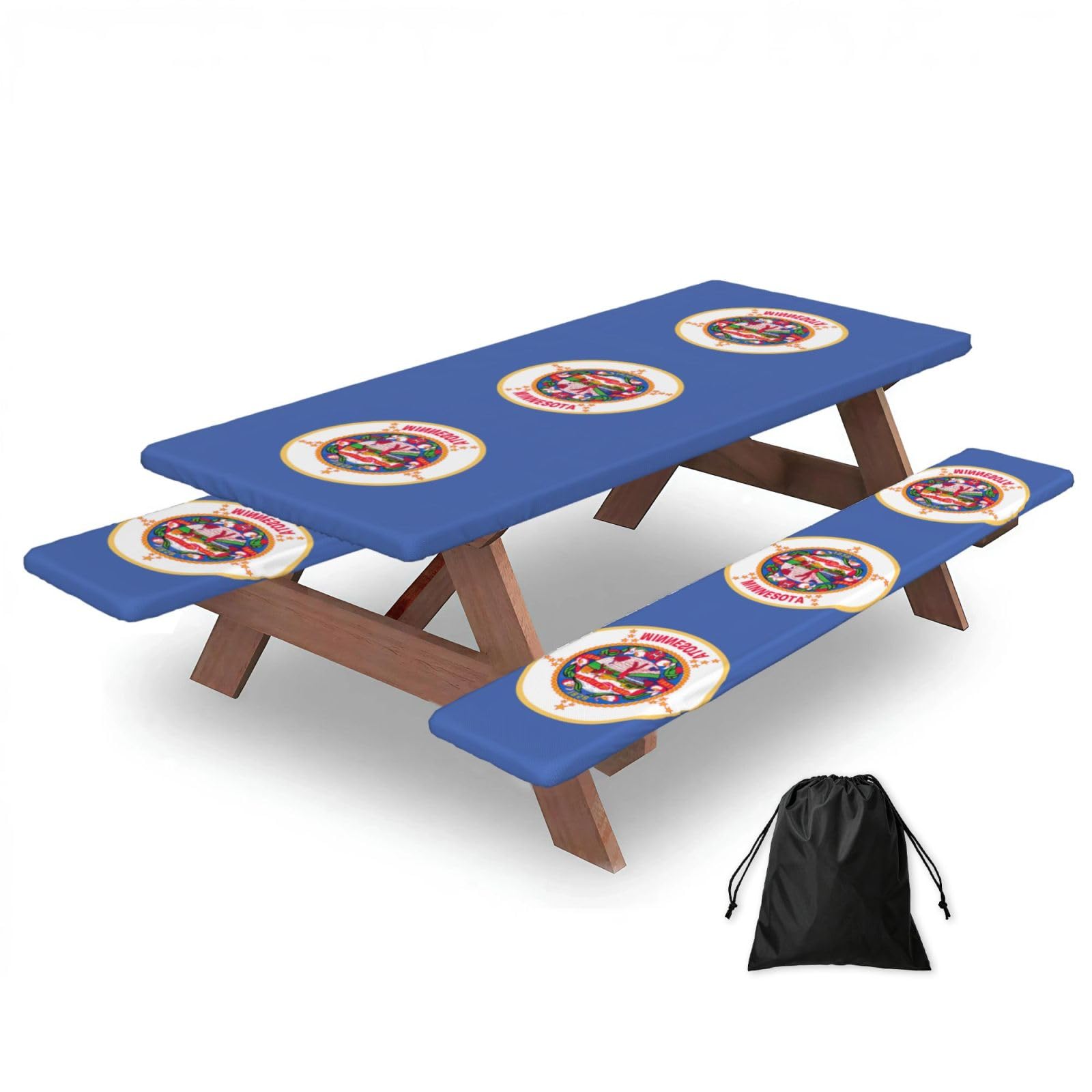 Minnesota State Flag Print 183cm Picnic Table Cover With Bench Covers, Waterproof Elastic Tablecloth Set For Outdoor