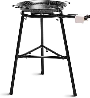 briebe Set Paellero de Gas 2 Fuegos 40-20 cm + Paellera Esmaltada 46 cm 12 Raciones + Soporte 3 Patas L3, Trípode Robusto Aguanta hasta 200 KG, Kit Paella