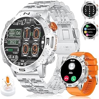 Smartwatch Herren IP68 Wasserdicht mit Telefonfunktion Anruf AMOLED Groß Touchscreen Langlebiger Akku Sprachassistent Android iOS Fitness Tracker Outdoor Robuste Militär Smartwatch Herren Schwarz