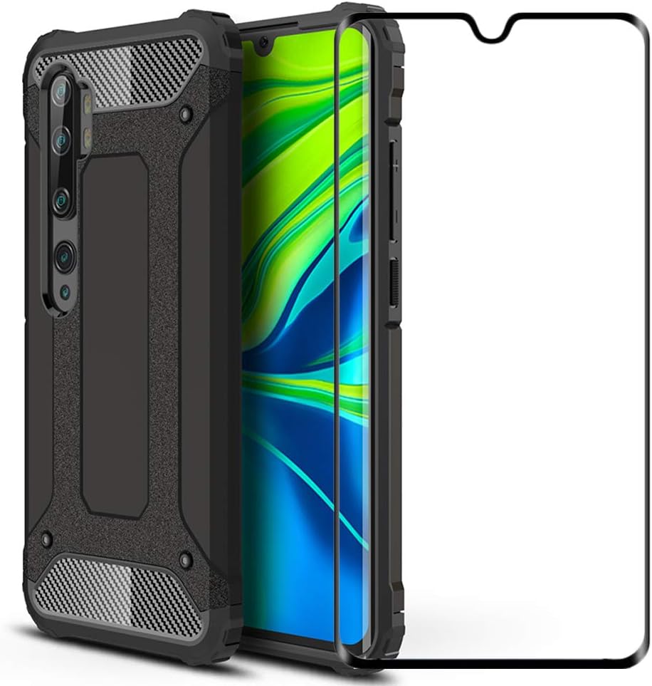 for Xiaomi Mi Note 10/Xiaomi Mi cc9 Pro/Xiaomi Mi note10 lite Case with Tempered Glass Screen Protector, Heavy Duty Dual Layer Shockproof Rugged Non-Slip Scratch-Resistant Cover,Black