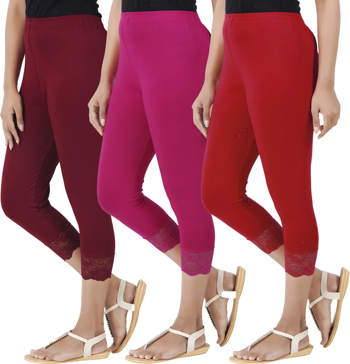 Combo Pack Skinny Fit 3/4 Lace Capris Leggings for Women Black Maroon Rani Pink-image-26