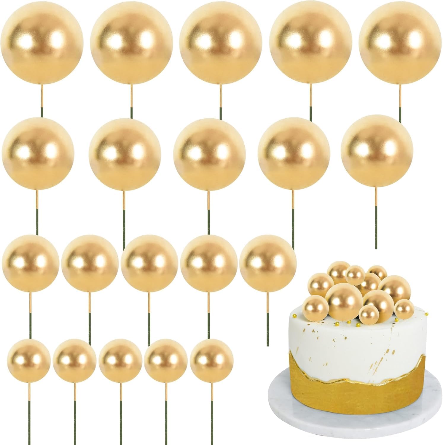 RIBBOOO 20 Pcs Ball Cake Toppers Insert Balls Cake Decorations Foam Balls Cake Toppers DIY Cake Ornament for Birthday Baking Baby Shower Anniversary and Wedding Party (gold) โ image 1