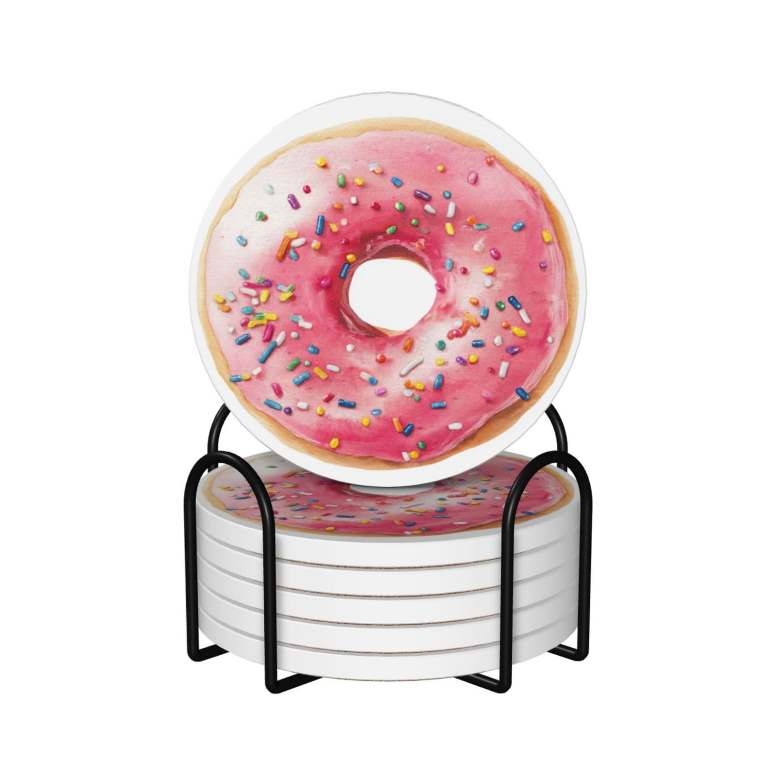 Cute Donut with Colorful Sprinkles Ceramic Coasters with Holder 6ps