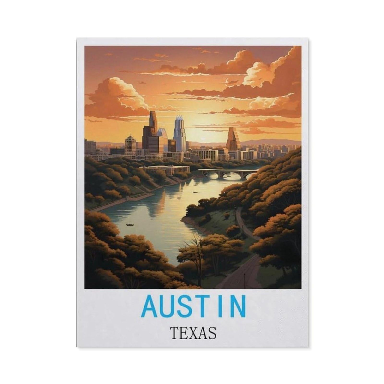 BEAYODKP 5D DIY Diamond Painting Kit，Austin Texas Vintage Travel Posters，Crystal Mosaic Full Drill Round Diamond Painting Embroidery Accessories（30 x 40 cm/11.81 x 15.74 inches）-BZ17
