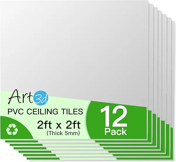 Art3d 24"x24" Smooth Drop Ceiling Tiles (48 Sq.Ft), 12-Pack 2ft x 2ft PVC Tiles for Home and Office, Waterproof and Reusable Plastic Ceiling, White