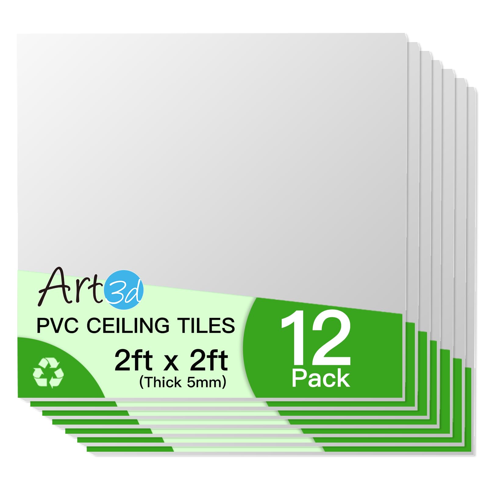 Art3d 24"x24" Smooth Drop Ceiling Tiles (48 Sq.Ft), 12-Pack 2ft x 2ft PVC Tiles for Home and Office, Waterproof and Reusable Plastic Ceiling, White