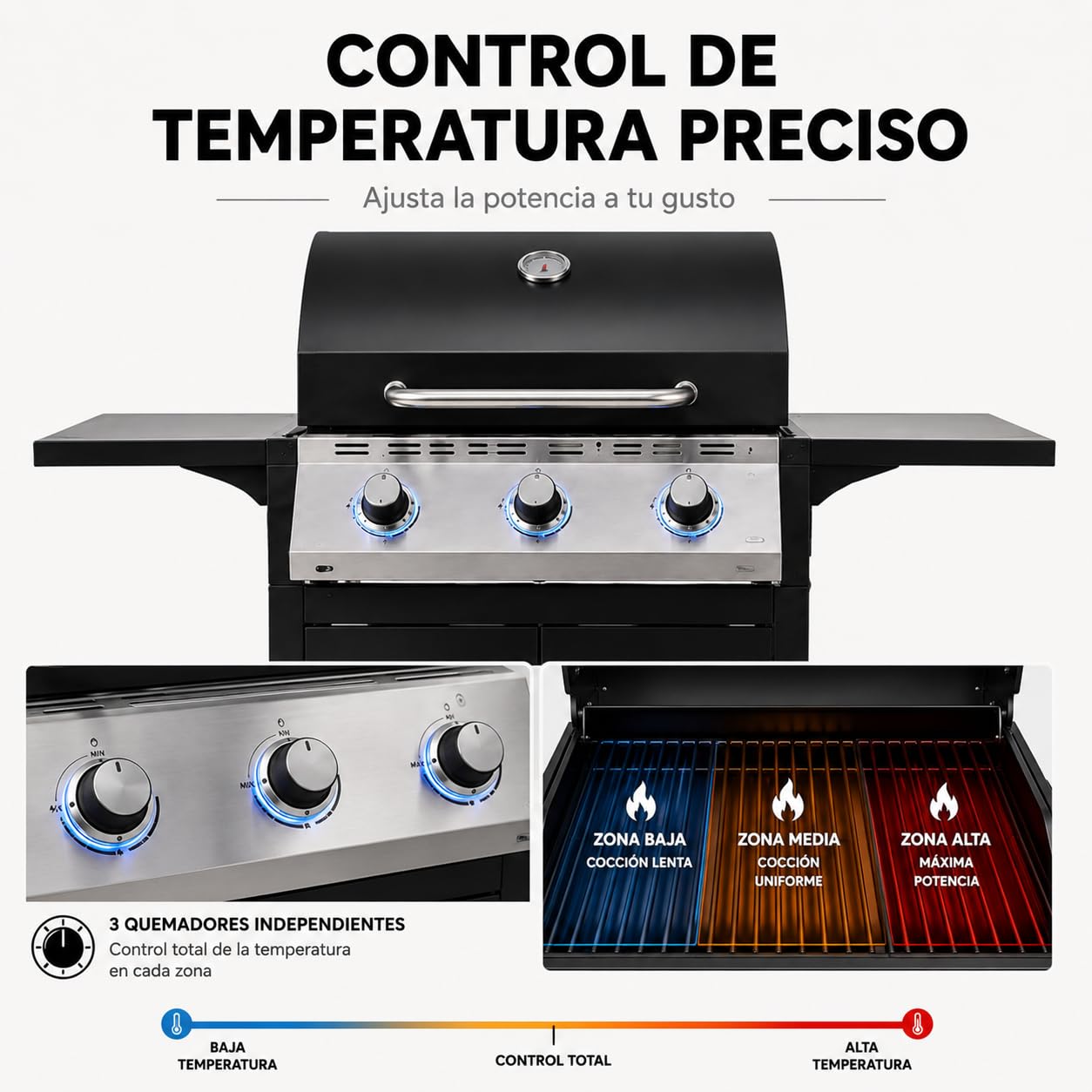 Barbacoa de gas 3 fuegos con tapa y termómetro integrado – Parrillas resistentes, ventilación lateral, mesas laterales plegables, estructura robusta – Barbacoa exterior