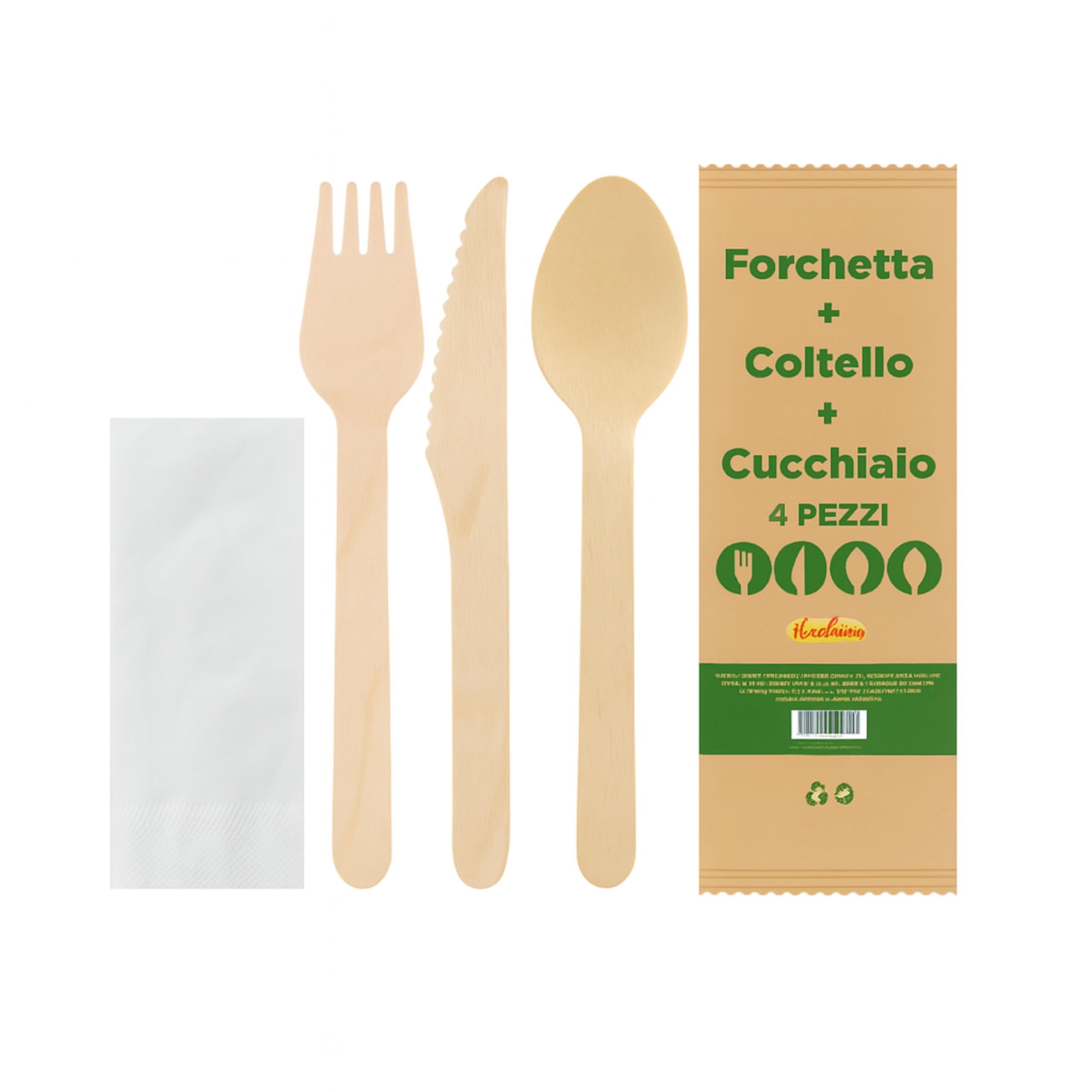 100 Set Posate Monouso Imbustate Singolarmente - Forchette, Coltelli e Cucchiai in Legno di Betulla - Biodegradabili e Compostabili - Per Feste, Eventi, Catering, Ristorazione, Uso Domestico