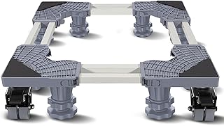 Base Para Lavadora Adjustable, 45-68cm Base Movil Para Refrigerador, Estructura De Doble Tubo 8 Patas y 4 Rueda Con Frenos, Hasta 400 Kg, Ideal Soporte Para Universal Lavadora y Refrigerador (Gris)