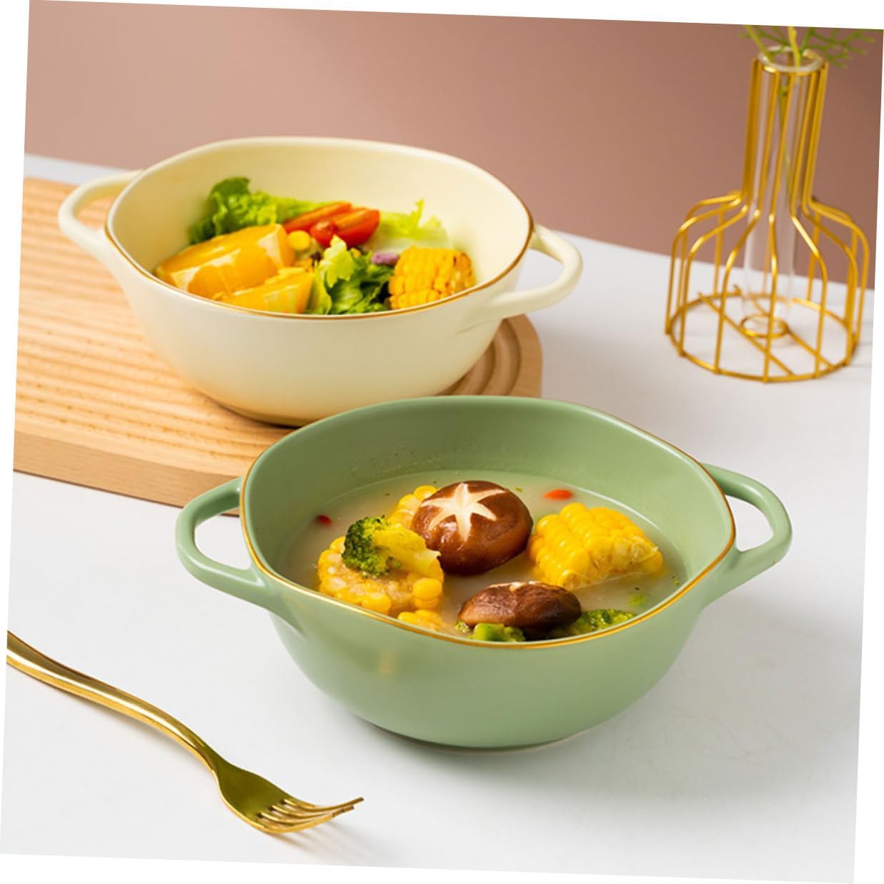 Ceramic Baking Dish with Handles, Double Ear Soup Bowl, Matcha Green Porcelain Salad and Instant Noodles Bowl for Oven and Microwave Use in Home Kitchen