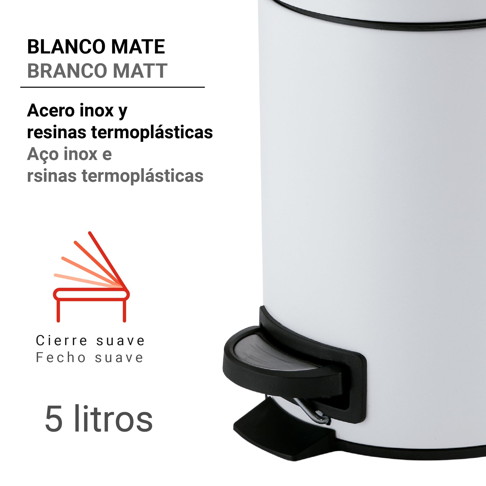 Gedy POTTY Papelera basura baño, Redonda, 5L, con pedal y tapa soft close, Acero inoxidable, Blanco Mate, 20,6 x 26,8 x 27,5