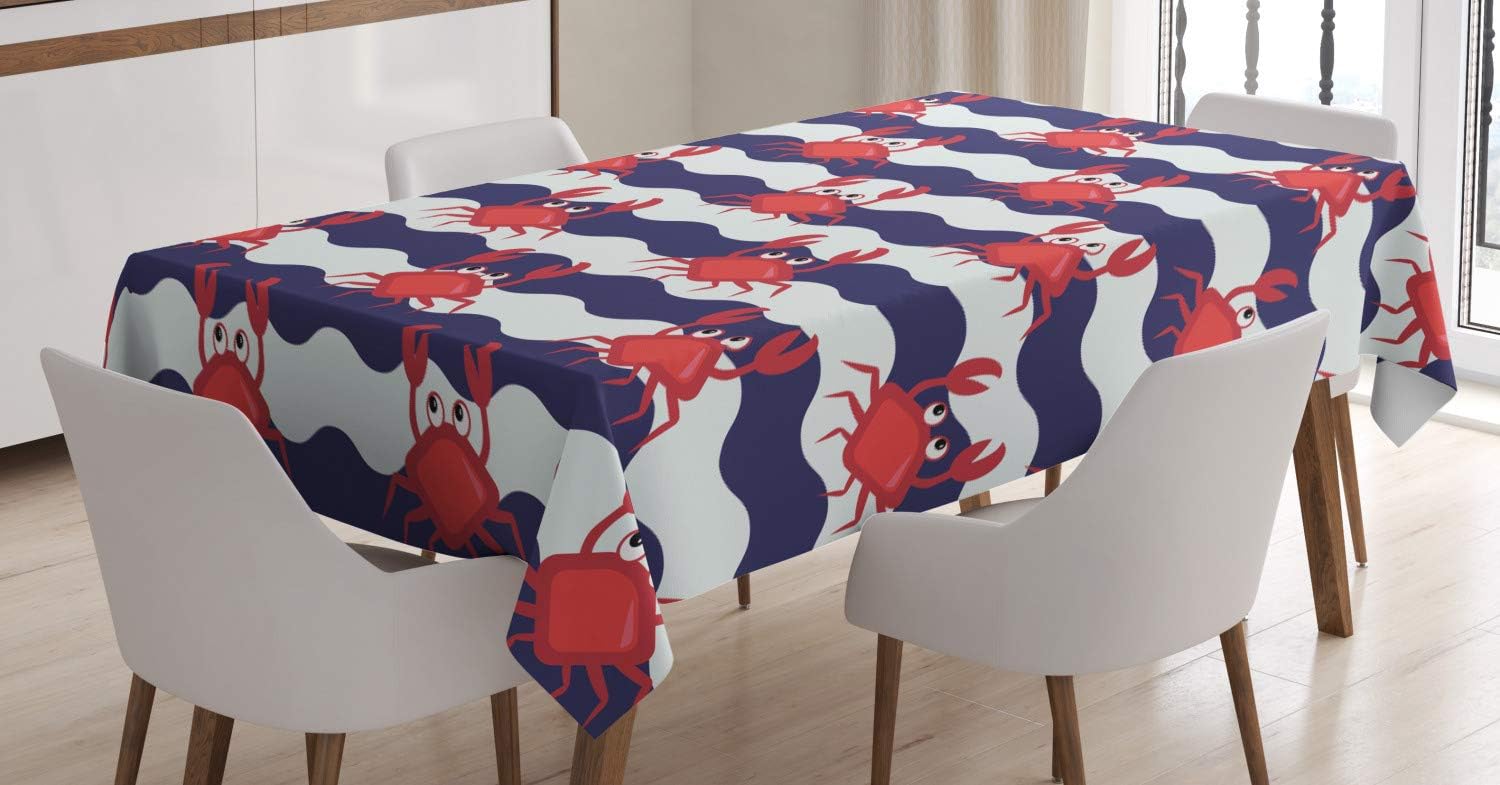 Ambesonne Crabs Tablecloth, Nautical Maritime Theme Cute Crabs on Striped Background Illustration Print, Dining Room Kitchen Rectangular Table Cover, 60" X 90", Red Blue 60" X 90" Red Blue