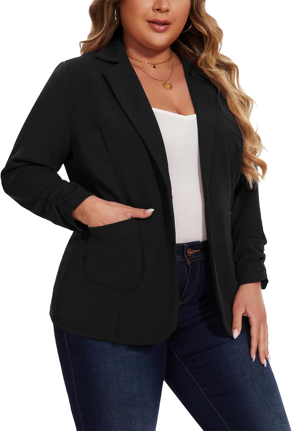 Plus Size Blazers for Women Business Casual Jackets Ruched 3/4 Sleeve Button Front Notched Lapel Blazer Pockets - Image 5