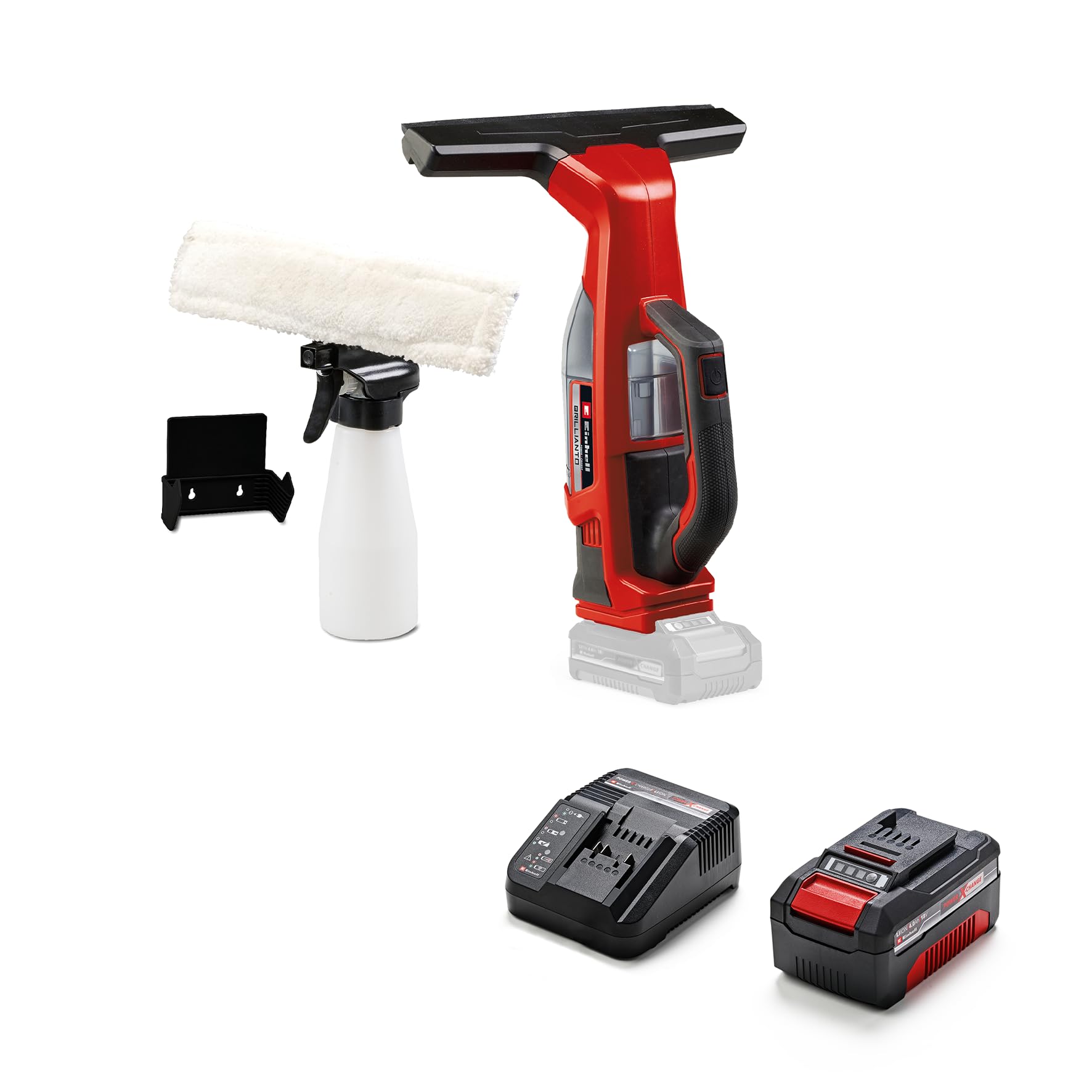 Einhell Akku-Fensterreiniger BRILLIANTO + 4 Ah Akku | PXC | 18 V | 28 cm lange Saugdüse | streifenfreie Reinigung | Sprühflasche mit Mikrofasertuch | 4,0 Ah Akku & Ladegerät