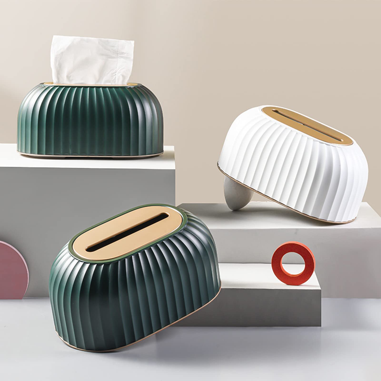 Caja De Pañuelos Decorativa Con Tapa | Dispensador A Rayas, Plástico, Para Baño O Salón | Color Verde