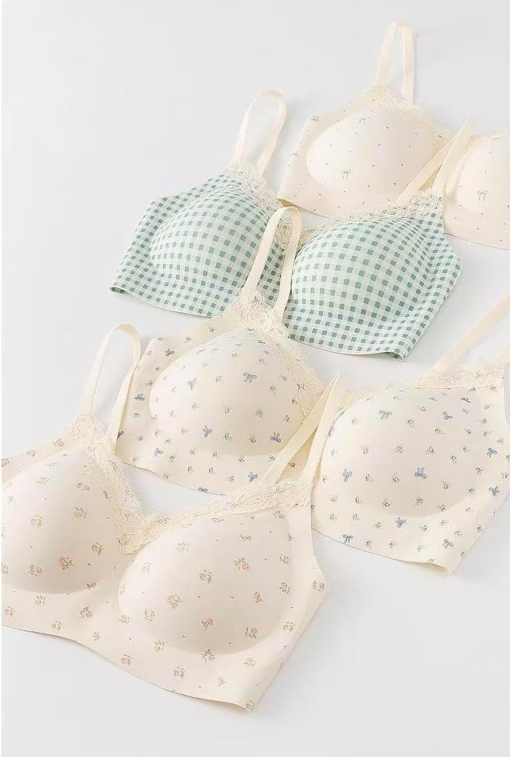 3Pack Comfort Training Bras for Girls Wireless Teen Bras Lightly Padded Nylon Lace V Bra Adjustable Straps Back