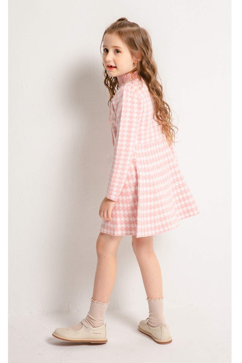 SMILING PINKER Vestido de manga larga para niñas, vestido de punto de pata de gallo para invierno, cuello alto