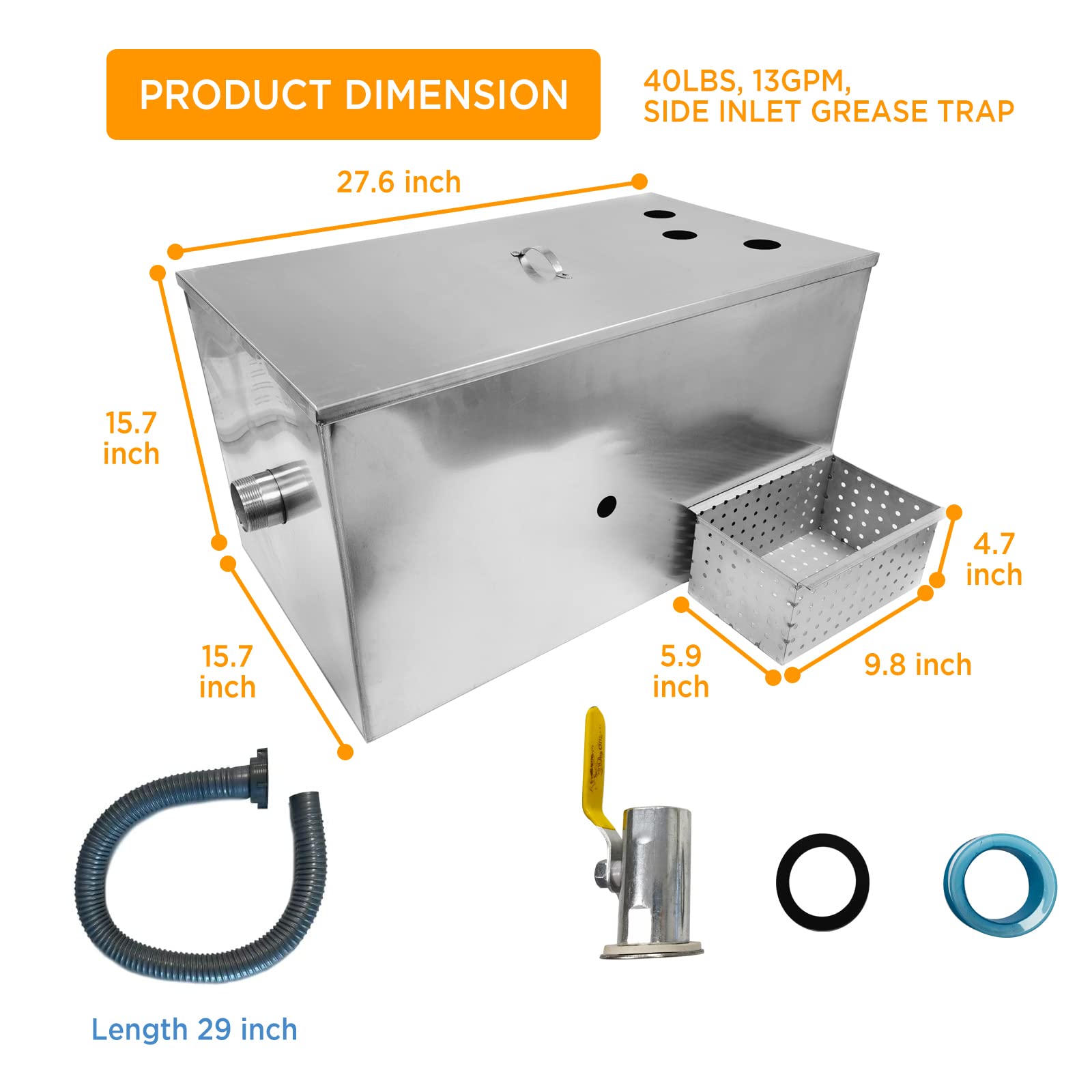 VEVOR Kommerzieller Fettabscheider – Edelstahl 600x300x300mm, 9kg, 13 GPM, Mit Filterkorb, Für Restaurant & Küche (42mm Anschluss) 13 GPM Durchfluss