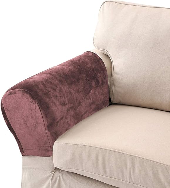 LERTREE Pack of 2 Velvet Soft Sofa Arm Slipcovers Elastic Sofa Armrest Protectors Removable Sofa Arm Covers (Coffee)