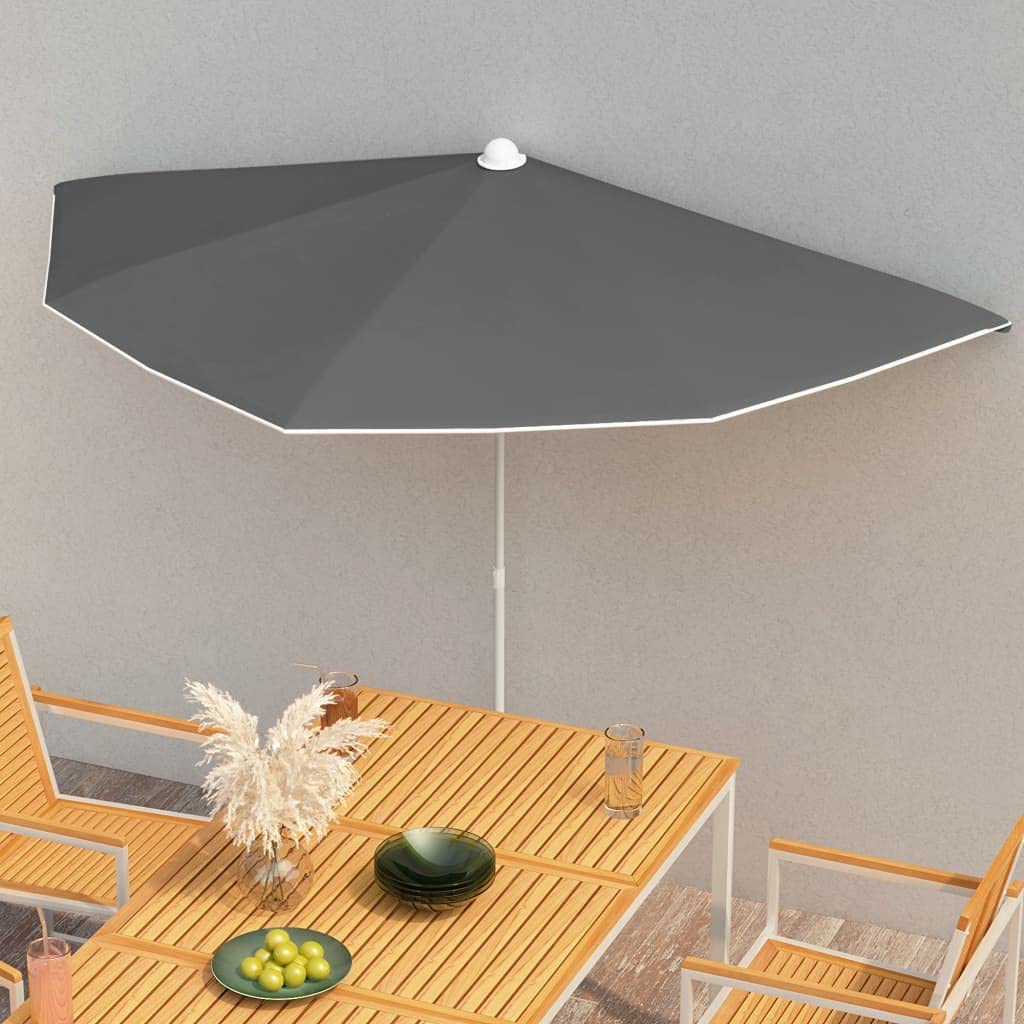 Mezzo ombrellone da 180 x 90 cm, nero, per balcone, terrazza e giardino, salvaspazio, con palo in acciaio e 5 stecche, facile da montare