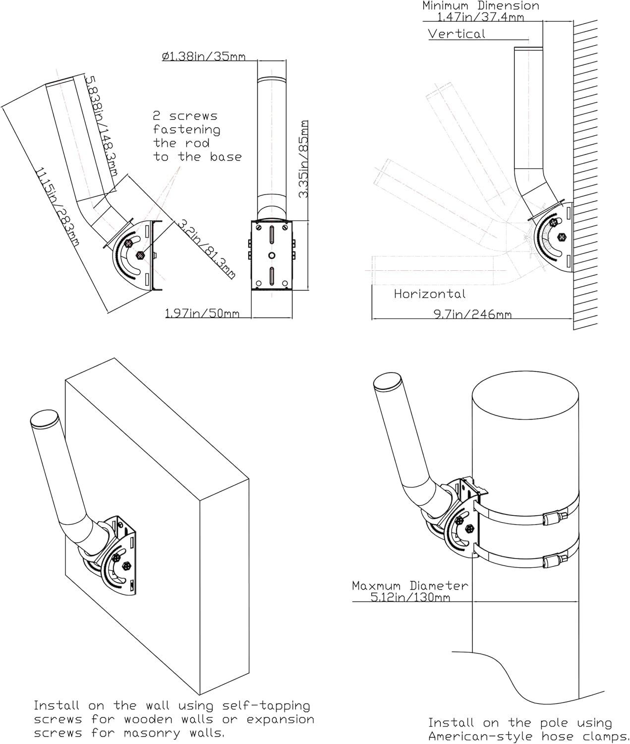 Staffa Antenna, 30 cm (altezza) - Φ3,5 cm Palo Antenna TV, compatibile con antenne Yagi, ponti Ethernet, estensori di rete, punti di accesso esterni AP CPE (set da 4 pezzi)