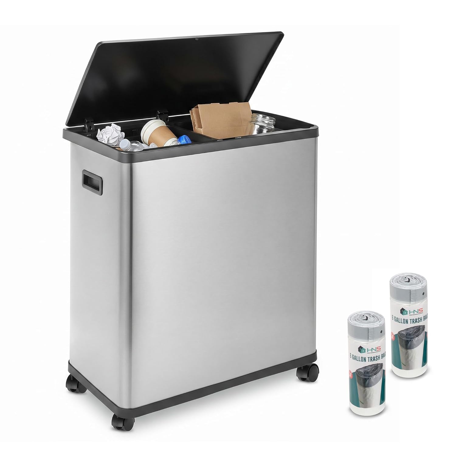 HOLDN’ STORAGE 36L Triple-Compartment Trash & Recycling Bin for Kitchen, Multi-Access Opening, Odor Control, Stainless Steel, 3 Trash Bag Rolls Included