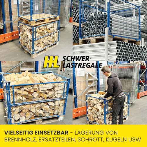 HHL Euro-Gitterbox mit klappe | Gitteraufsatzrahmen H1200 x B1200 x L800mm für aufbewahrung| Faltbarer Gitterrahmen für Euro-palette | Gitterbehälter aus Stahl | Gitterboxen für Holz, Lager | Blau