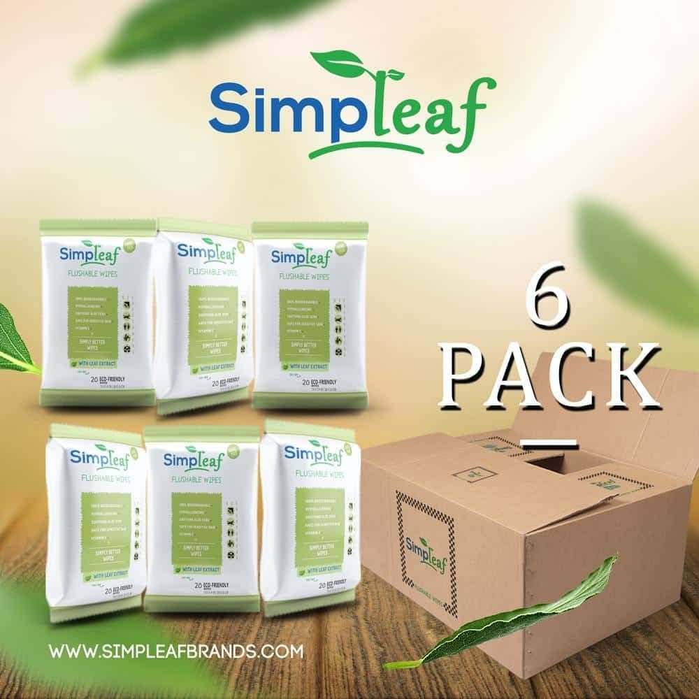 Simpleaf Flushable Wipes: Eco- Friendly, Thick and Effective, Paraben and Alcohol Free, Hypoallergenic and Safe for Sensitive Skin, Vitamin E with Soothing Aloe Vera (6 Packs)
