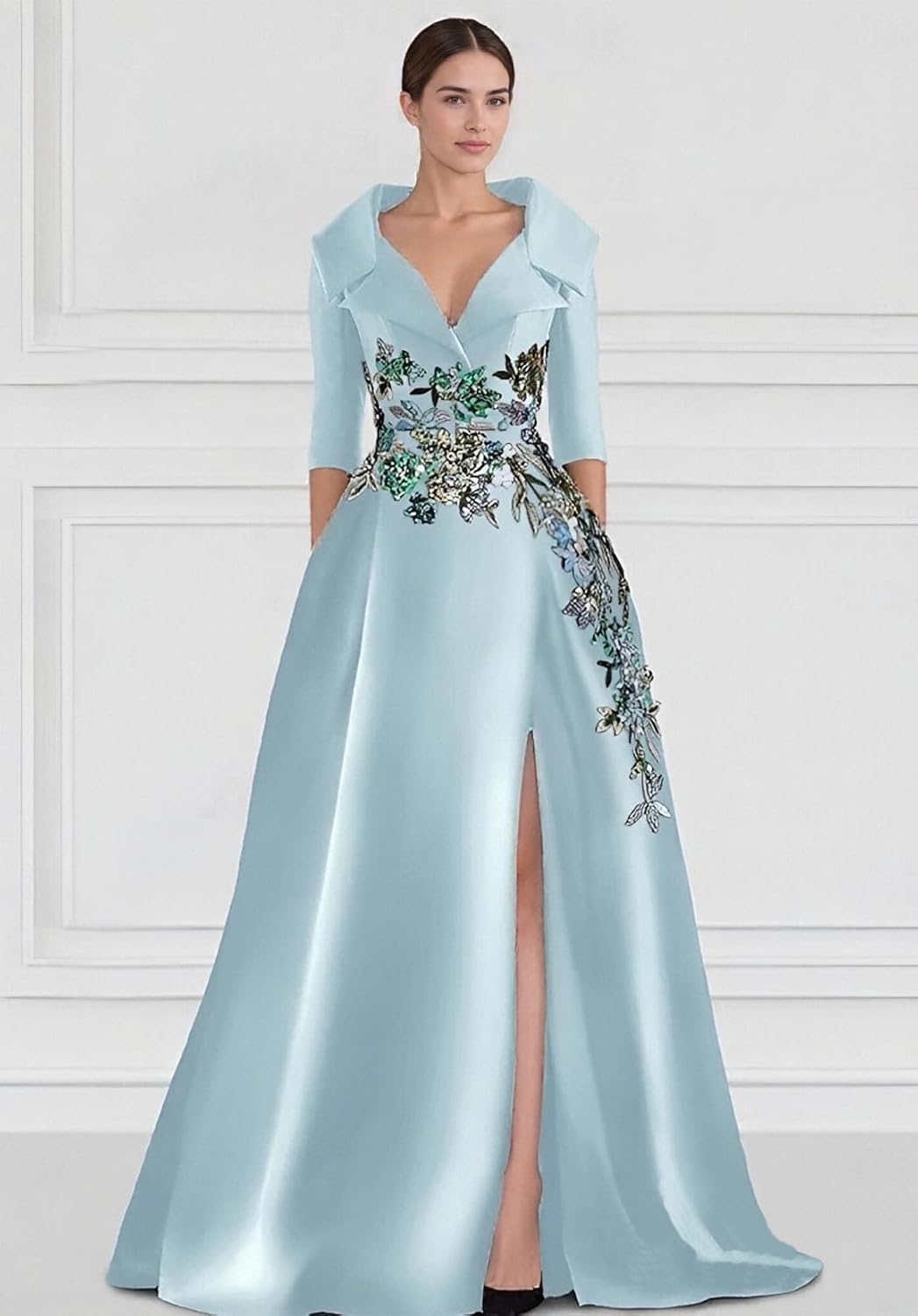 A-Line Evening Dress Elegant Formal Dresses Floor Length Half Sleeve Shirt Collar Satin with Slit Embroidered - Image 2