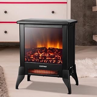 COSTWAY 2000W Electric Fireplace Stove Heater, Freestanding Portable Fireplace Heater with Fire Flame Effect, Adjustable Thermostat and Overheat Protection, Indoor Electric Wood Burner