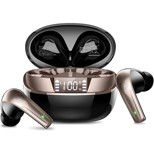 Wireless Earbuds, Bluetooth 5.4 Headphones in Ear, Mini Bluetooth Earbuds HiFi Stereo Deep Bass with 4 ENC Noise Cancelling Mic, Wireless Ear Buds 47H Long Playtime LED IP7 Waterproof USB-C Black Gold