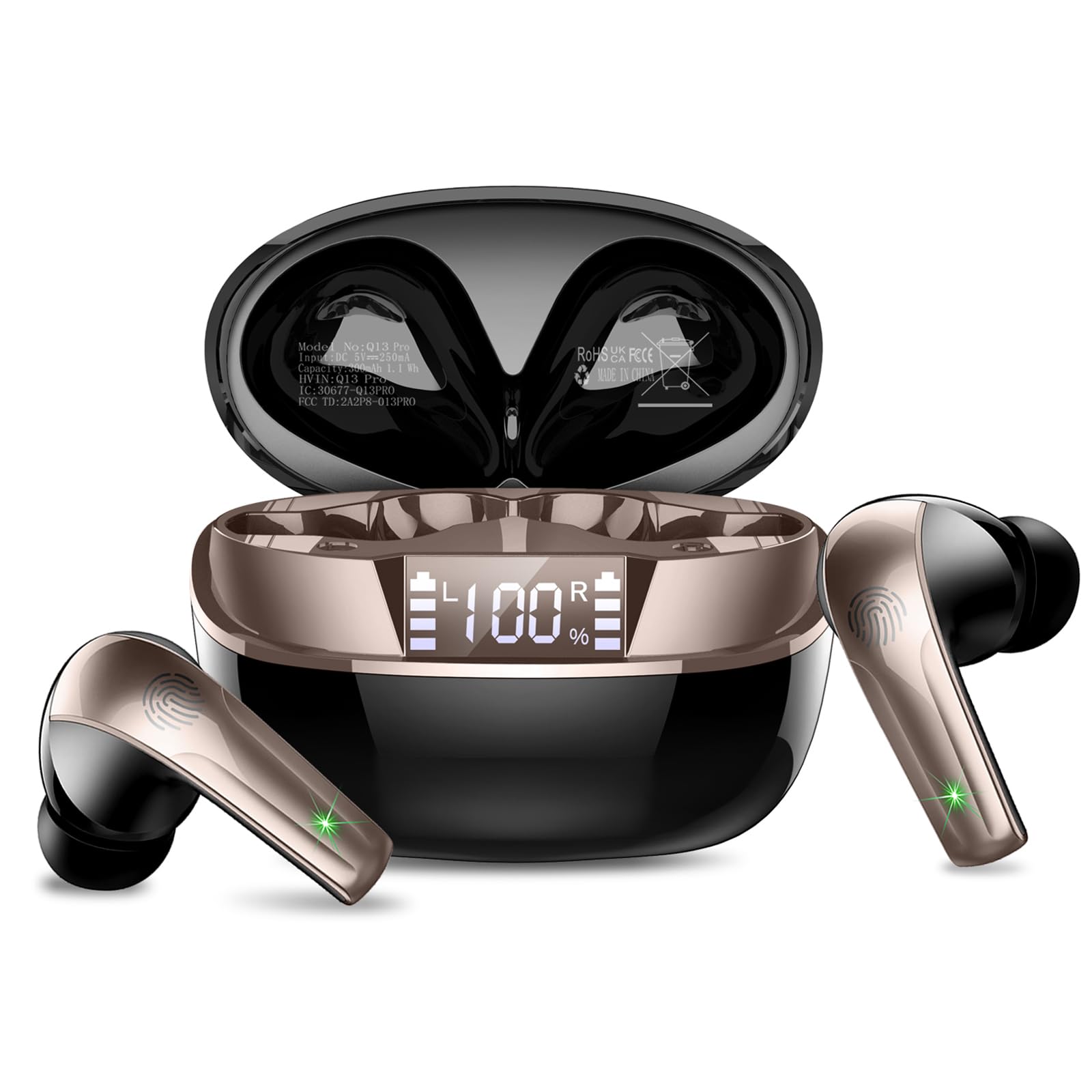 Écouteurs Bluetooth 5.4 Avec Réduction De Bruit ENC – 48h D’Autonomie, IPX7 Étanche, Contrôle Tactile, Noir/Or