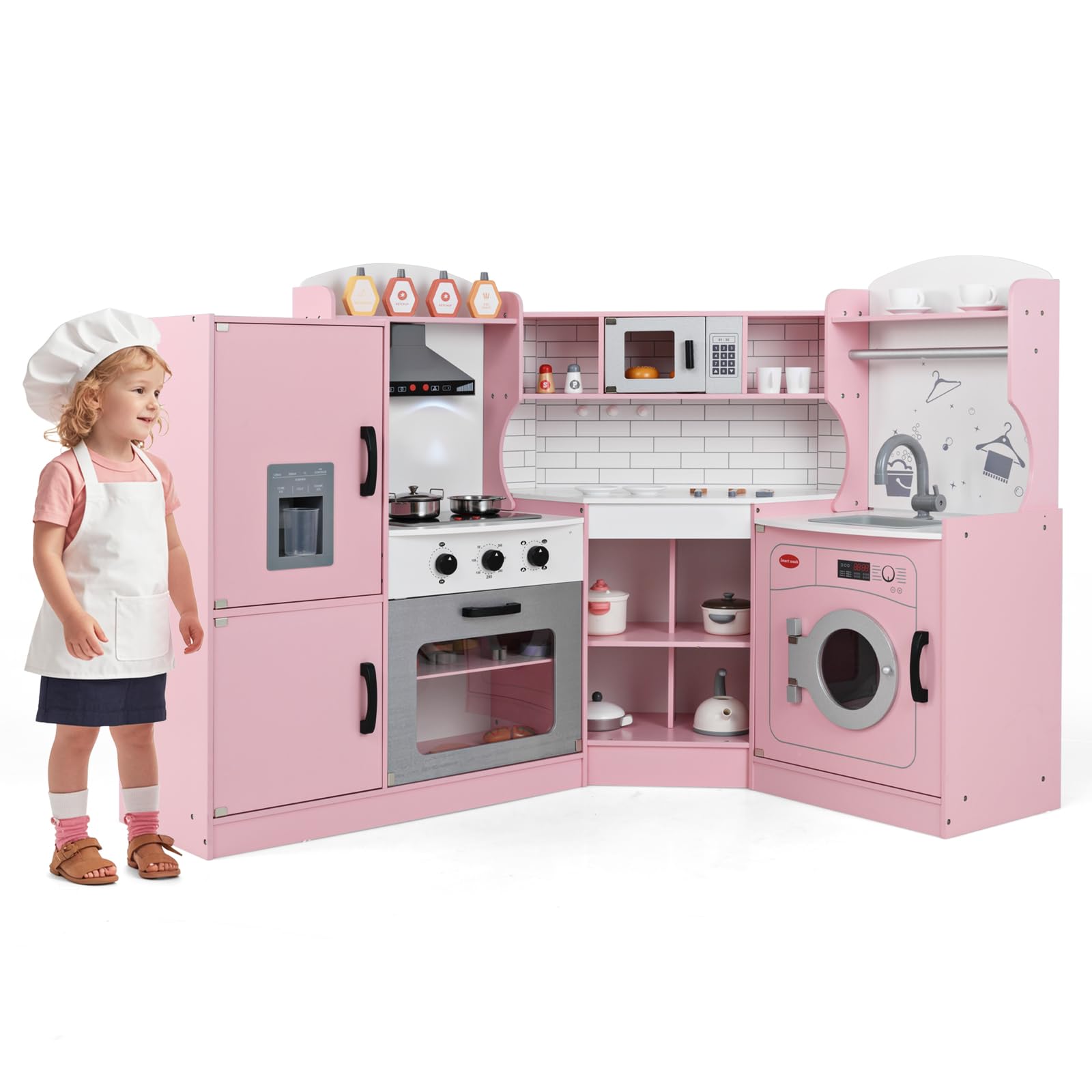 Sponsored Ad – Kids Corner Kitchen, Wooden Children Play Kitchen with Light & Sound, Ice Dispenser, Accessory Utensils, Toddler Role Play Cooking Playset for Girls Boys (Pink without Telephone)