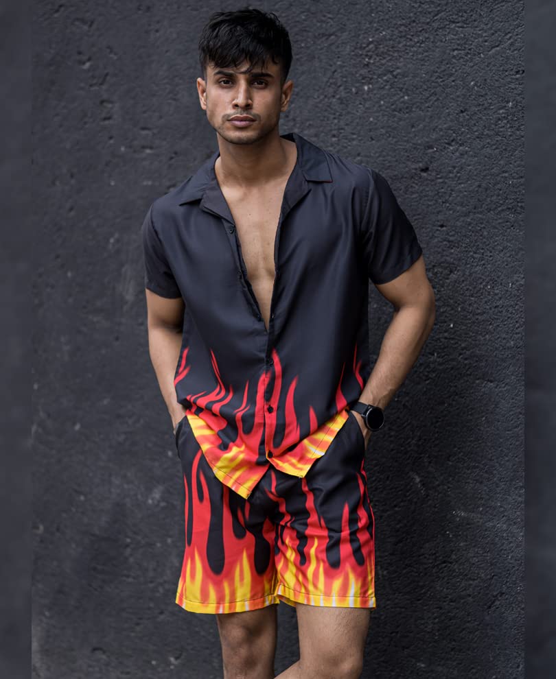 Image of Men's Poly Lycra Digital Printed Shirts with Pajama Shorts Night Suit Set