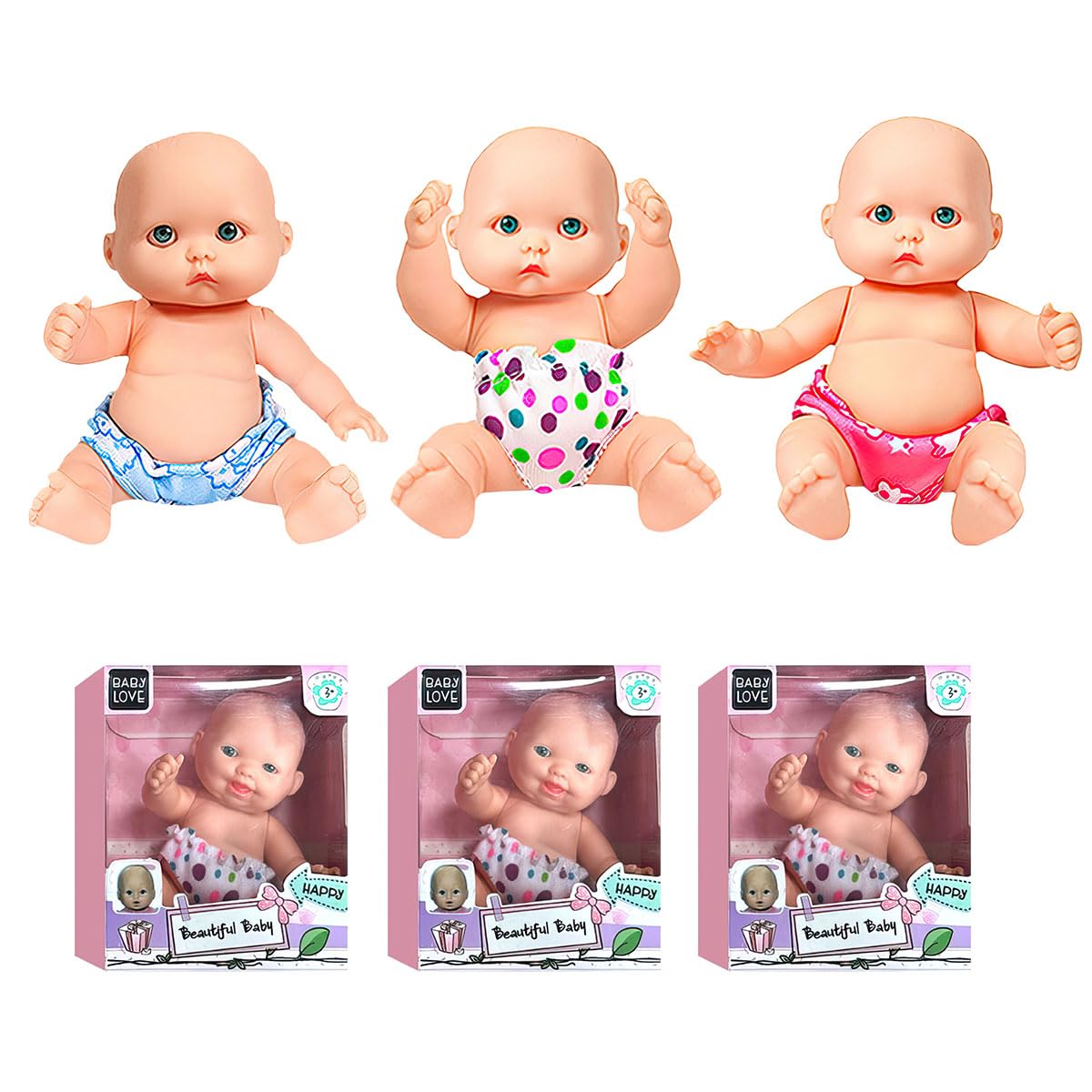 Xwin Mini Reborn Baby Dolls - 4 in (Pack of 3) Realistic Silicone Baby Doll with Moveable Joints, Waterproof Baby Doll Gift Set with Nappy Pants and Display Box Packaging