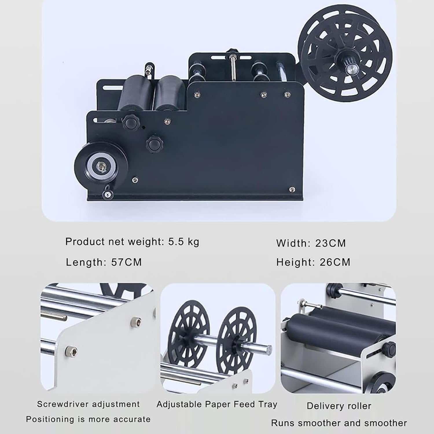 Etichettatrice semiautomatica per bottiglie rotonde, 30 volte/min, applicatore di etichette regolabile per bottiglie da 15-120 mm