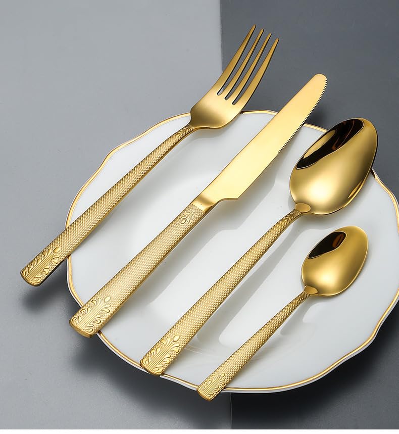 Ce Service de Couverts dorés de 32 pièces Comprend 8 Couverts à Manches sculptés en Acier Inoxydable 18/8 Durable. Ce Service de Table Moderne est idéal pour la Maison, la Cuisine, Les Maria