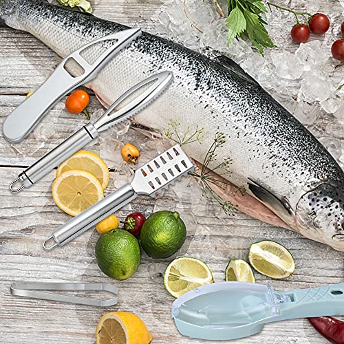 Worldity 7 Pieces Fish Scaler Brush Remover With Gray Mitten, Stainless Steel Sawtooth Remover Removing Peeler Cleaning Tool Fish Shape Tweezers For Fish Scales Removing Peeling #TOP6